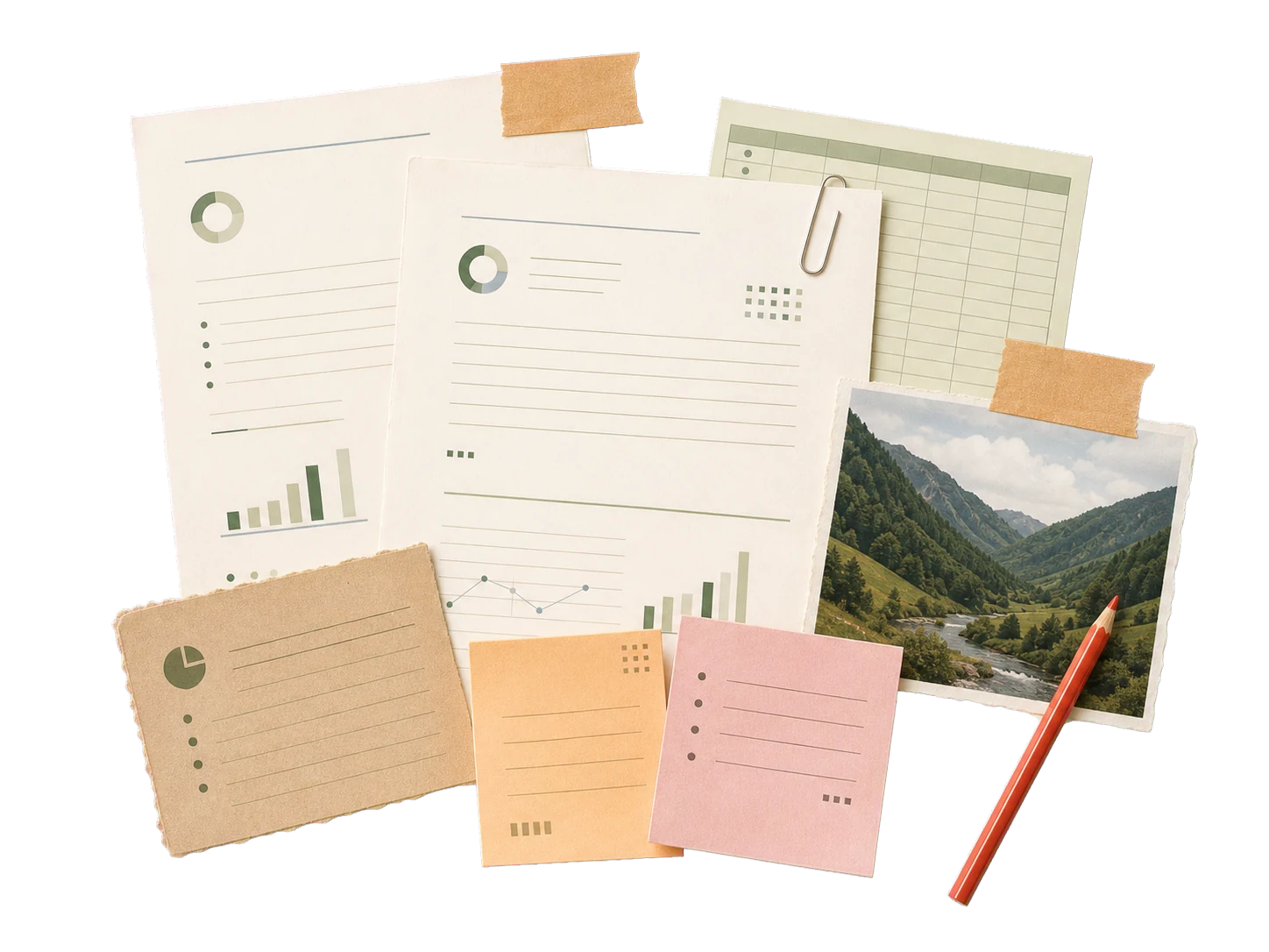 A layered collage of sustainability evidence documents